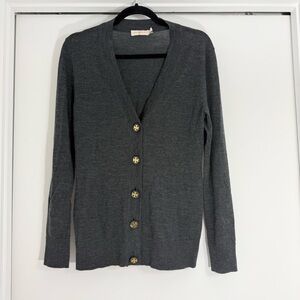 Tory Burch Merino Wool Gold Logo Button Front V-Neck Cardigan Sz Medium Preppy